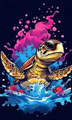 Turtle moves gracefully through water, its movements fluid, effortless. For fashion, clothing design, animal themed clothing advertising, as illustration for interesting clothing style, Tshirt design.