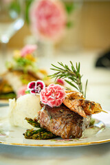 Surf and Turf - Filet and Shrimp with mashed potato and aparagus