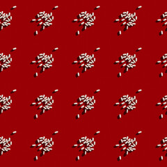 White Medical Pills seamless pattern on vibrant red background. 80s and 90s retro style, hard light...