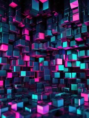 Abstract 3D Geometric Shapes Cube Blocks Glowing neon cubes. Abstract background