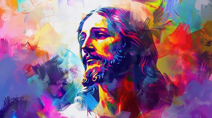 Jesus' face with colorful watercolor painting - obrazy, fototapety, plakaty