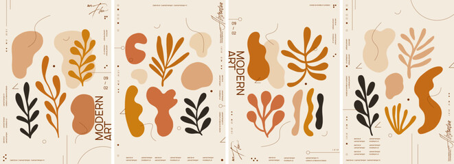 Set of four vector poster designs with abstract shapes and figures in earthy tones. Suitable for creative projects and covers, these designs combine geometric and organic forms for a modern aesthetic. - 766337451