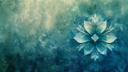 Fototapeta na wymiar Close-up of a blue flower with delicate petals against a textured teal background with artistic effects