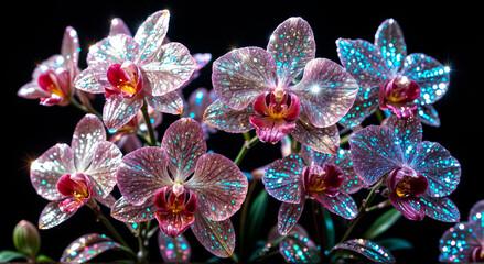 Beautiful shiny orchids on black background
