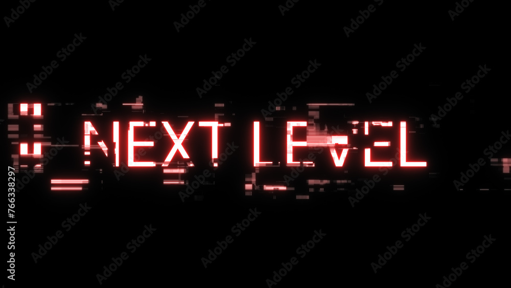 Poster 3d rendering next level text with screen effects of technological glitches