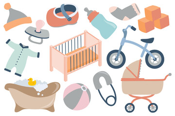 Baby icon element flat vector set. Newborn stuff vector set.