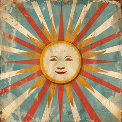Antique Sun Grunge Background. Retro and Colourful Circus Cartoon Clip Art with Cream Composition in 50s Style