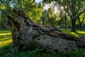 Fototapeta na wymiar Broken Tree Trunk in Thunderstorm-Damaged Park: Aftermath of Stormy Weather with Lush Greenery Surrounding Wooden Remains