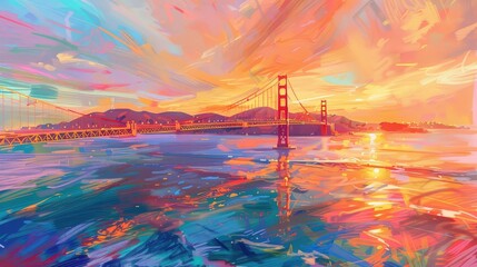 Abstract Golden Gate Bridge at Sunset Illustration, An abstract artistic illustration of the Golden...