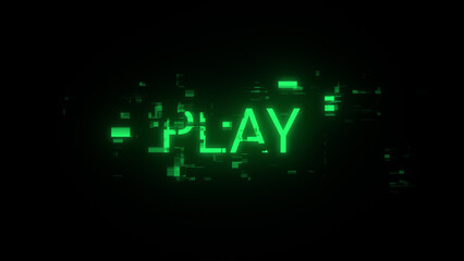 3D rendering play text with screen effects of technological glitches