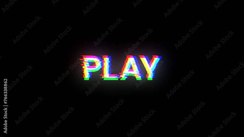 Poster 3d rendering play text with screen effects of technological glitches