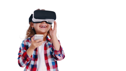 Little girl with virtual reality headset, laughing, holding smartphone. transparent background