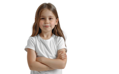 Smiling young girl with arms crossed standing isolated on transparent background.