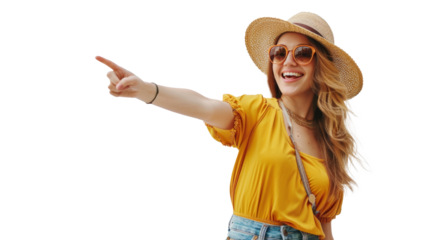 Happy young woman in a straw hat pointing, cheerful, travel, summer against transparent background