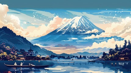 A tranquil illustration capturing the serene beauty of Mount Fuji with traditional boats gliding on...