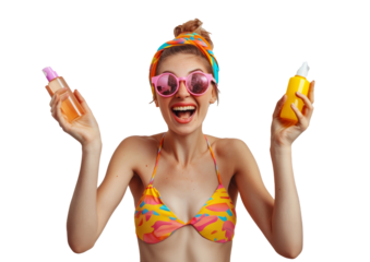 Woman in bikini with sunglasses and sunscreen, vibrant, transparent background