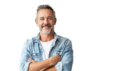 Confident man in denim shirt, smiling, arms crossed, transparent background - obrazy, fototapety, plakaty