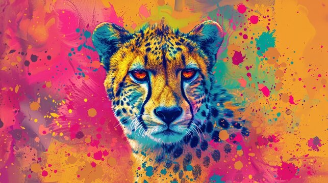  A vivid cheetah face, painted against a sunny backdrop of bright yellows