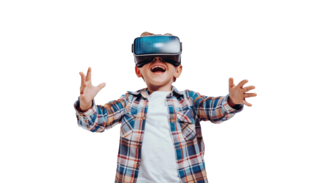 Excited boy with VR headset, arms outstretched, plaid shirt, transparent background