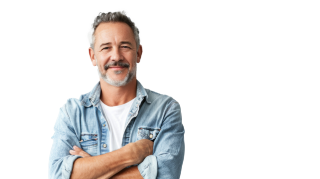 Confident man in denim shirt, smiling, arms crossed, transparent background