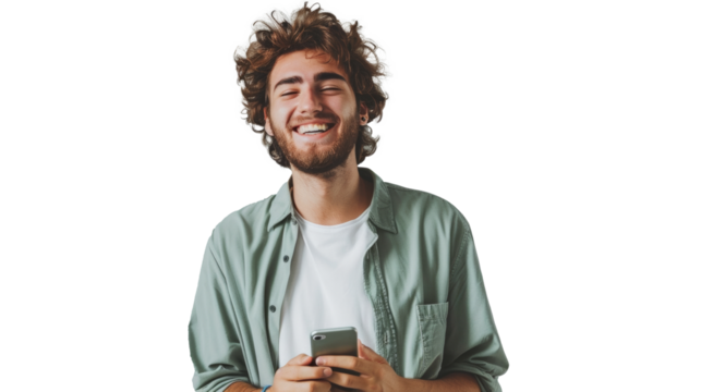 Happy young man with curly hair, smartphone in hand, light green shirt, transparent background