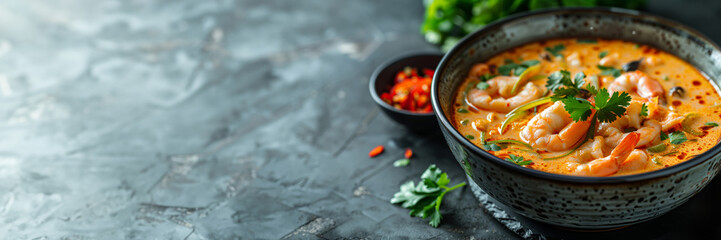 Traditional spicy Thai shrimp soup with coconut milk, lemongrass, and cilantro served in a black ceramic bowl on a dark textured background Perfect for culinary concepts and recipe websites - obrazy, fototapety, plakaty