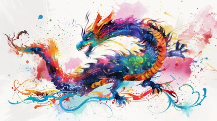  A vibrant watercolor depiction of a regal dragon against a pristine white canvas, adorned with splashes of vivid pigment