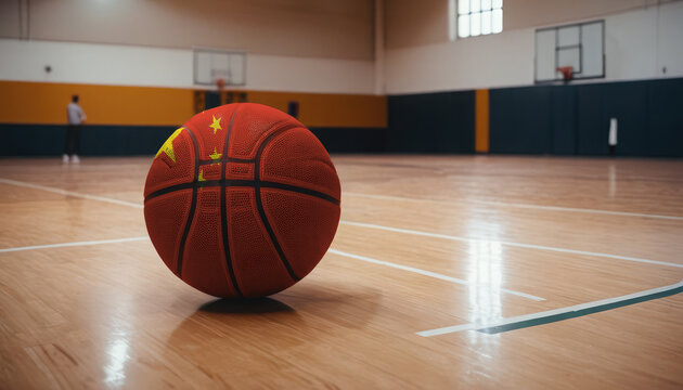 China flag is featured on a basketball. Basketball championship concept.