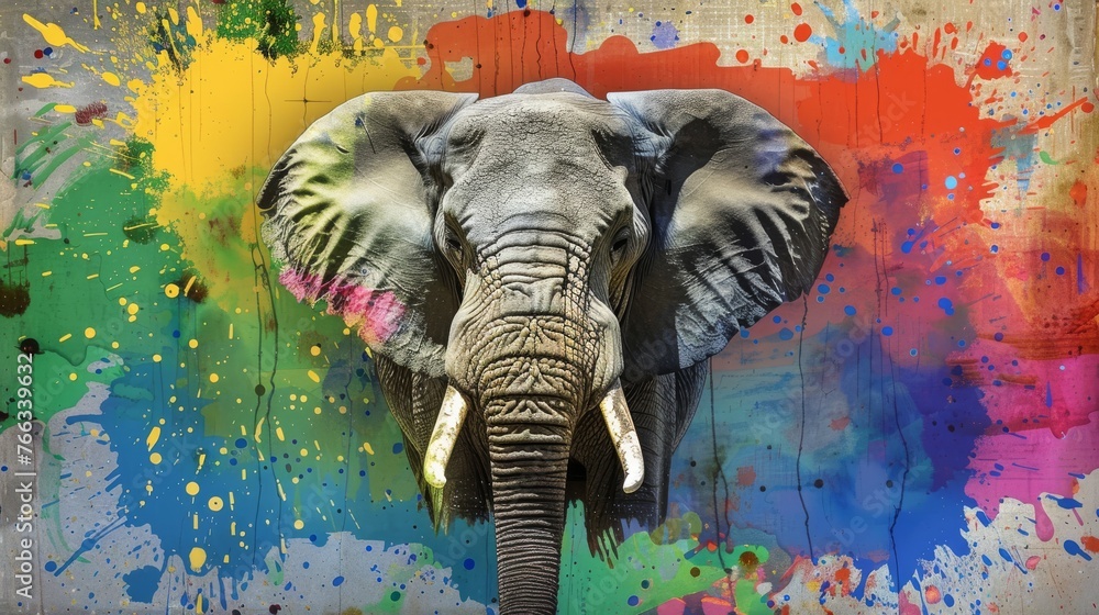 Poster a multicolored wall with paint splattered on an elephant's face is visible in the image