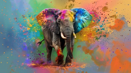  An artwork depicting an elephant adorned in bright, vibrant paint splatters on its face and tusks