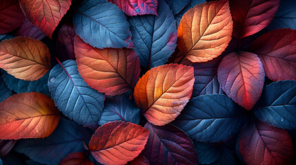 A stunning display of multicolored autumn leaves in a palette of cool blues and vibrant reds, showcasing the beauty of seasonal change - obrazy, fototapety, plakaty
