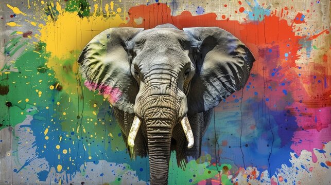 A multicolored wall with paint splattered on an elephant's face is visible in the image