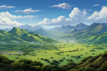 An expansive countryside panorama featuring a cascading series of rolling hills leading up to a towering mountain range.
