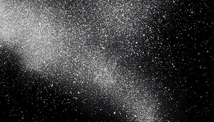 Fototapeta na wymiar Dust texture. Grain overlay. Night stars. Galaxy stardust. White shiny glitter powder particles on dark black abstract background.