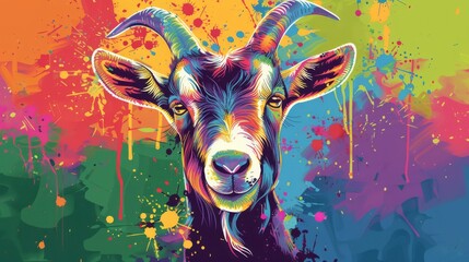  A vivid depiction of a goat's head, adorned with splashes of vibrant colors