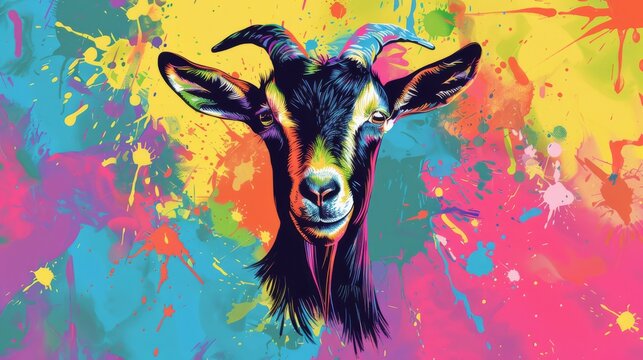  A goat's head, painted with vibrant colors, features splattered marks on its back face