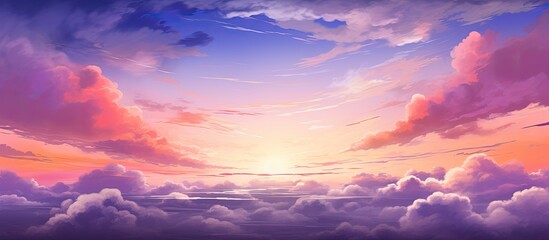 The sun is setting over the calm sea, casting a warm glow across the water, with an anime-inspired sky painted with fluffy clouds