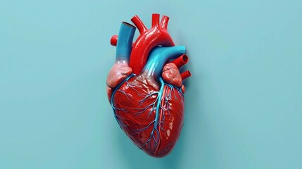 anatomical heart with aorta isolated on blue background. 3d human heart.
 - obrazy, fototapety, plakaty