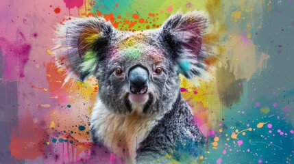 Fototapeta premium Closeup koala on colorful background with splattered paint