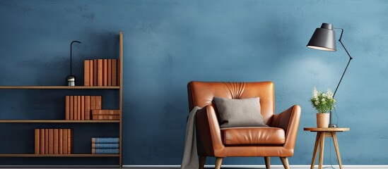 Simple furniture arrangement with a chair and table set against a vibrant blue wall