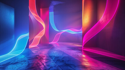 Abstract geometric shapes, neon colors dancing in a dark room illuminated by UV lights, casting shadows that twist and turn - obrazy, fototapety, plakaty