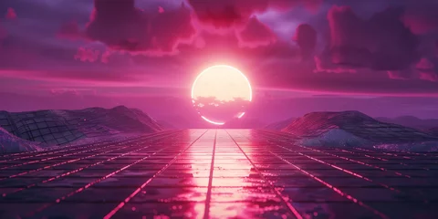Foto op Canvas Sunset  retro futuristic landscape, banner ,Retro Sci-Fi Background Summer Landscape © Planetz