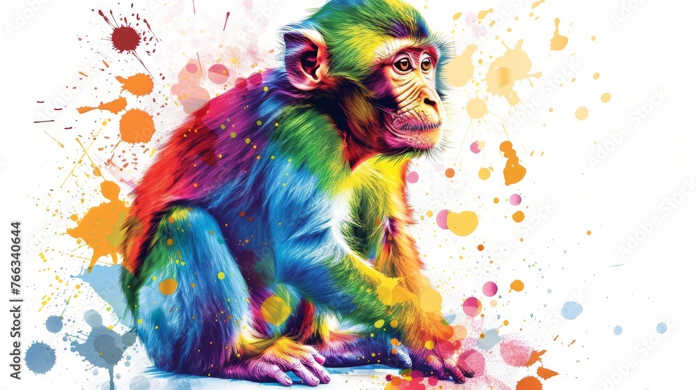 Poster a multicolored monkey perched on a sheet of paper with splattered paint