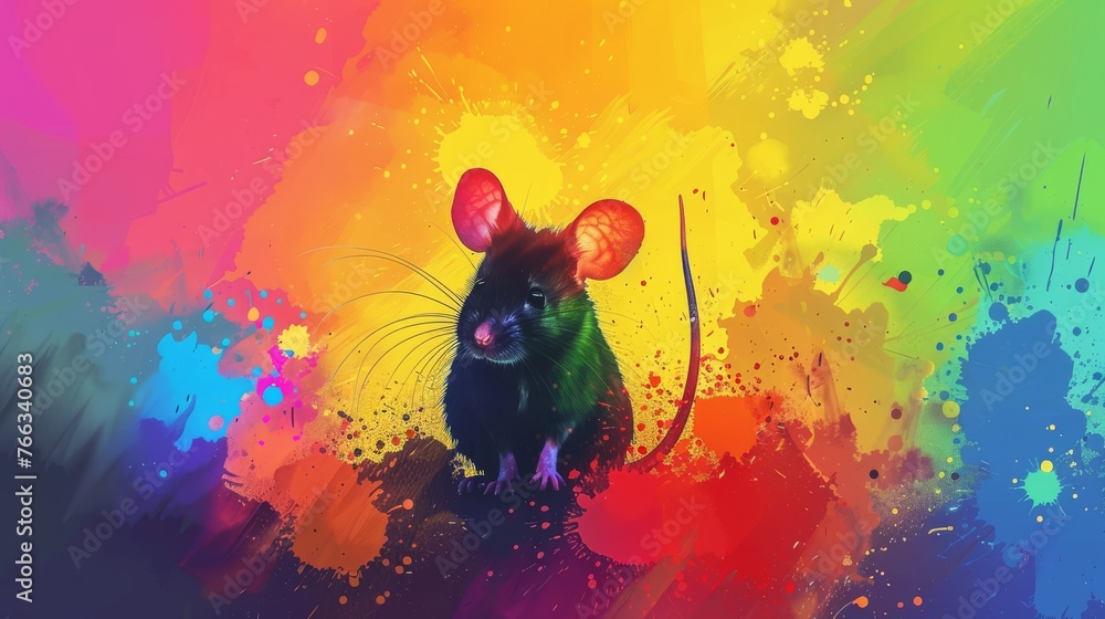 Poster a colorful portrait of a mouse with splatters on its lower portion, set against a vibrant backdrop