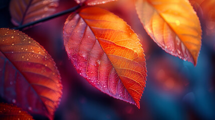 Close-up photo of glistening water droplets on the surface of bright red and orange autumn leaves