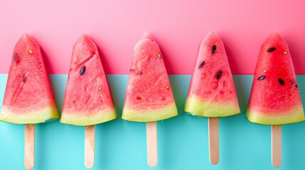 Watermelon Popsicles on a colorful background. Refreshing summer fruit concept