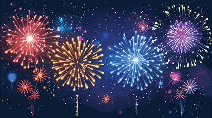 Fireworks at Night flat vector isolated on white background
