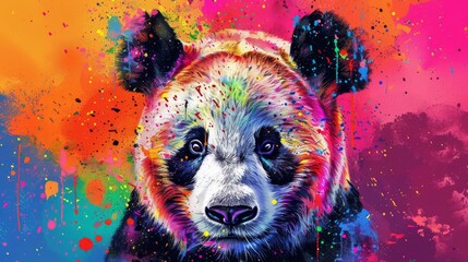  A painting depicts a panda with vibrant paint splatters covering its face and a distinct black nose