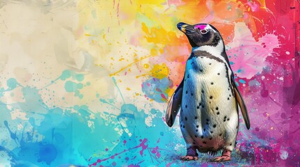  A colorful painting featuring a penguin against a backdrop of splattered paint - obrazy, fototapety, plakaty
