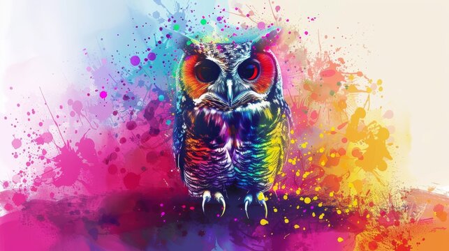  Colorful owl with red eyes on branch with painted background